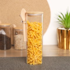 Porte Épices en Verre 600ML avec Couvercle en Bois et Cuillère