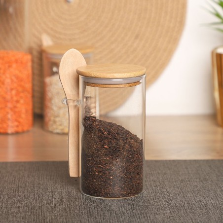 Porte Épices en Verre 300ML avec Couvercle en Bois et Cuillère