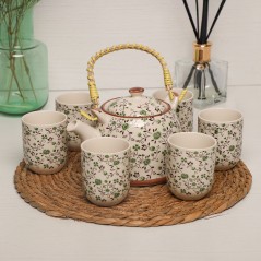 Ensemble Théière et 6 Tasses en Céramique à Motifs Floraux