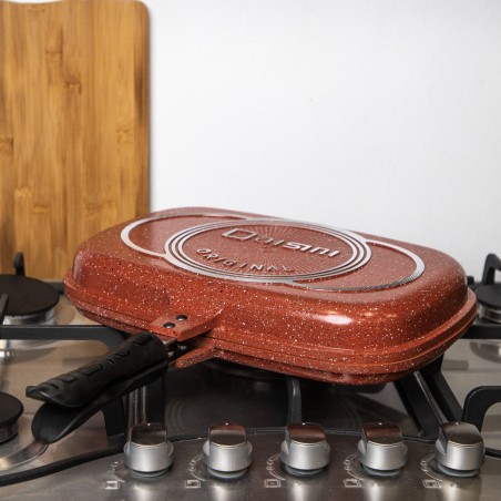 Poêle Double Grille en Granite 35 cm Rouge