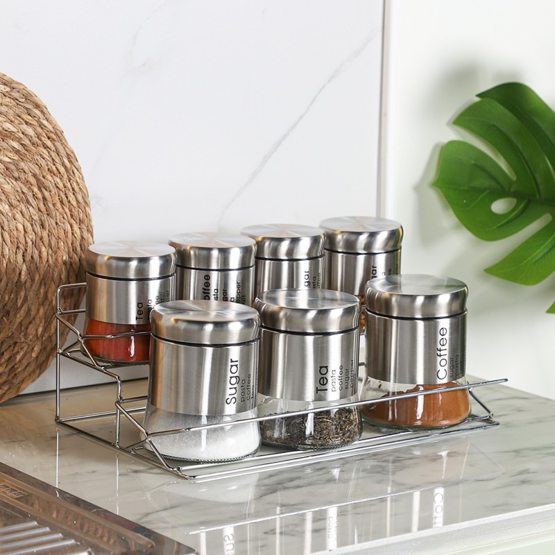 Set Portes Épices 7 Pièces en verre avec Support - Gris