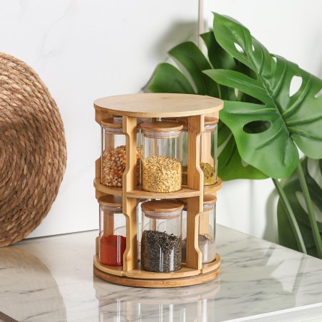 Set Portes Épices 10 Pièces en verre avec Support Rotative en bois