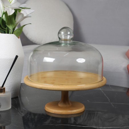 Présentoir à Gâteaux 27 cm avec Cloche en Verre et Pied en Bois