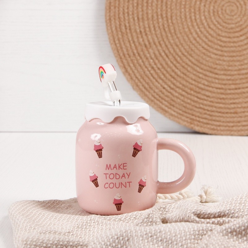 Tasse à café en céramique avec Paille 400ML - Rose