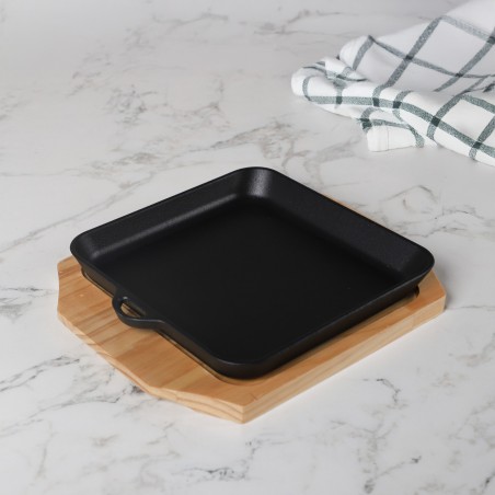 Plat Carré en Fonte Émaillée 19 cm avec Support en Bois