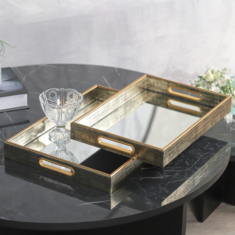 Série de 2 Plateaux Rectangulaires en Bois Surface Miroir