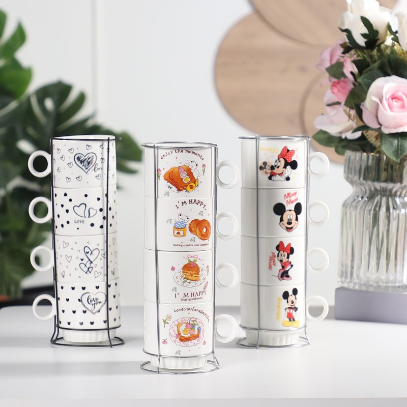 Set De 4 Tasses à Café Empilables En Céramique - Avec Support En Fer, Pour Espresso, Thé, Bureau - 7