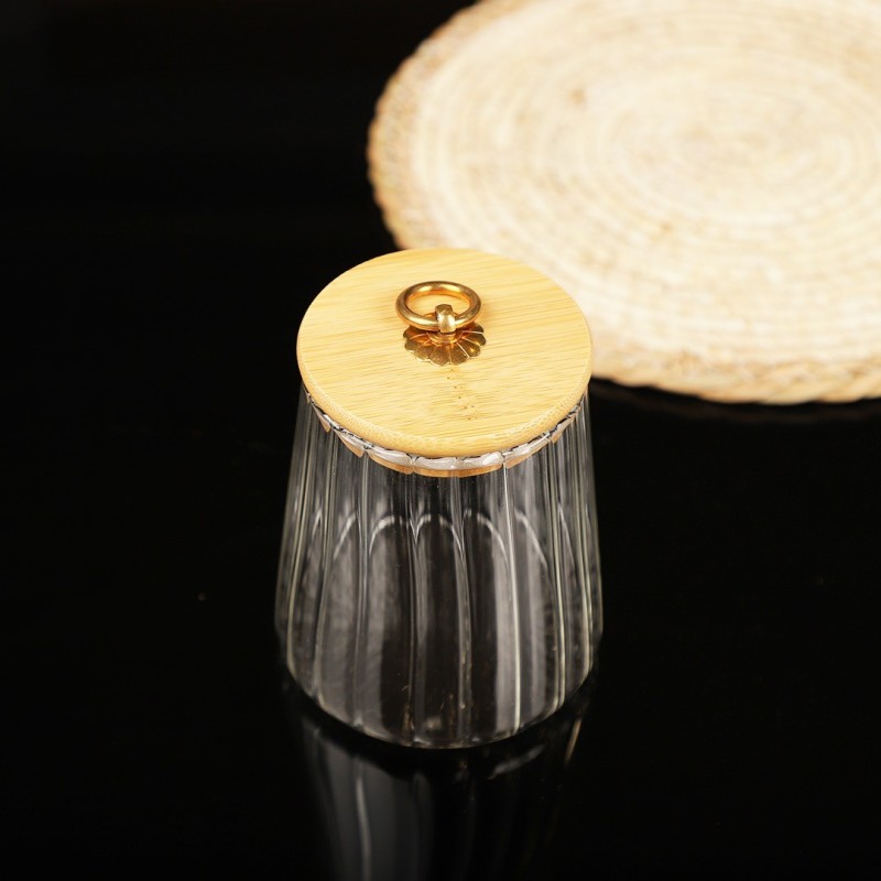 Bocal en Verre Strié 600ML avec Couvercle en Bambou