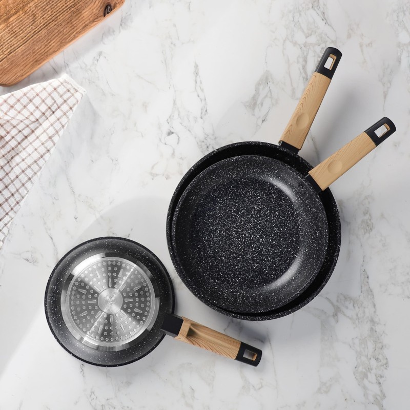 Série de 3 Poêles en Granite Manche en Bois - SIZAR