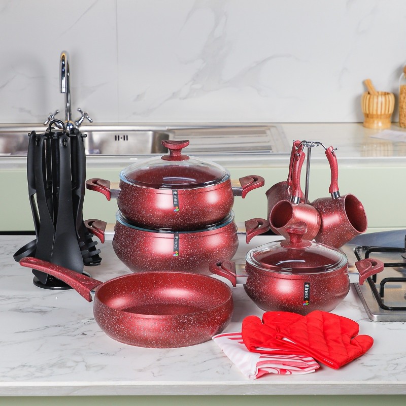 Batterie de cuisine 21 pièces granite rouge - Lines Batterie de cuisine 21 pièces granite rouge - Lines