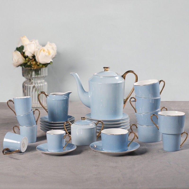 Service à Café 29 Pièces en Porcelaine Bleu Claire