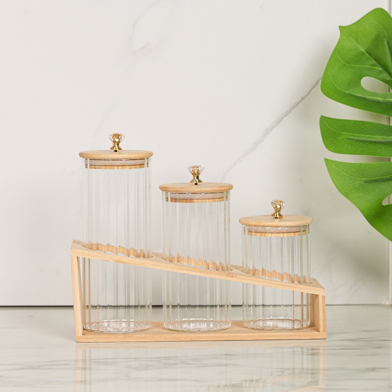 Set de 3 Bocaux en Verre avec Couvercles Bois & Support
