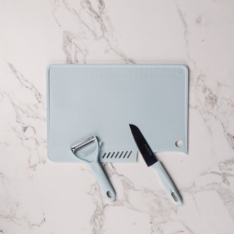 Set de Découpe 3en1: Planche, Éplucheur et Couteau Bleu