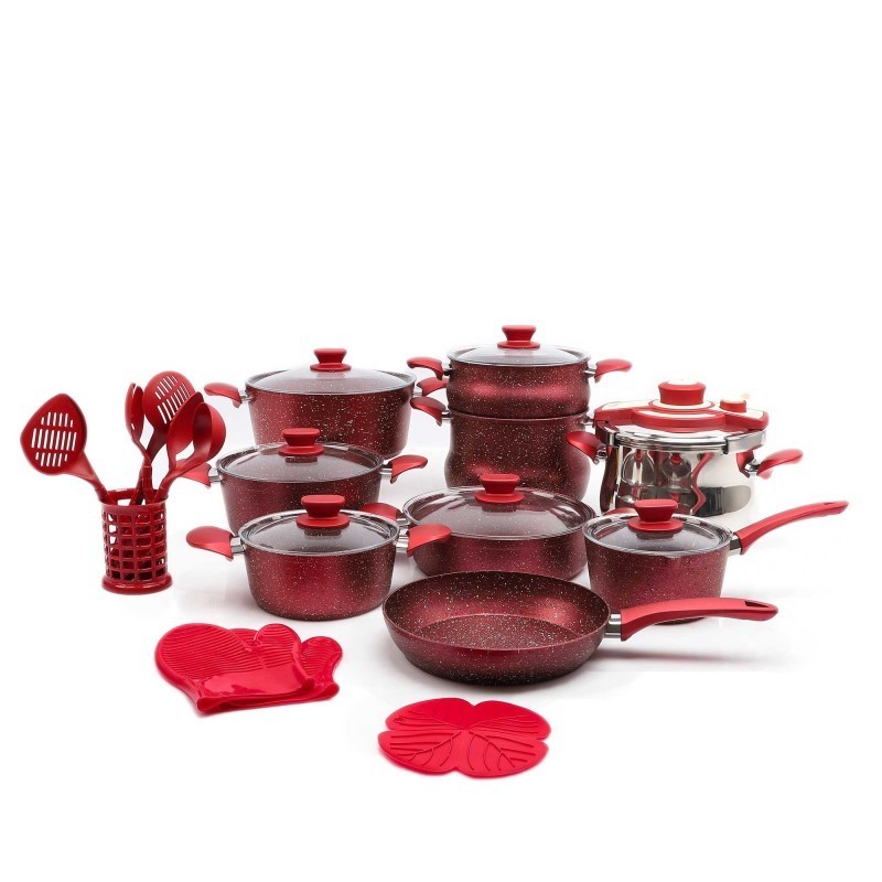 Batterie de cuisine 25 pièces granite Rouge - HMS