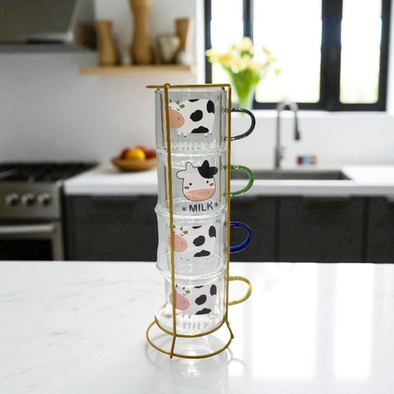Set de 4 Tasses en Verre Transparent Motif Vache
